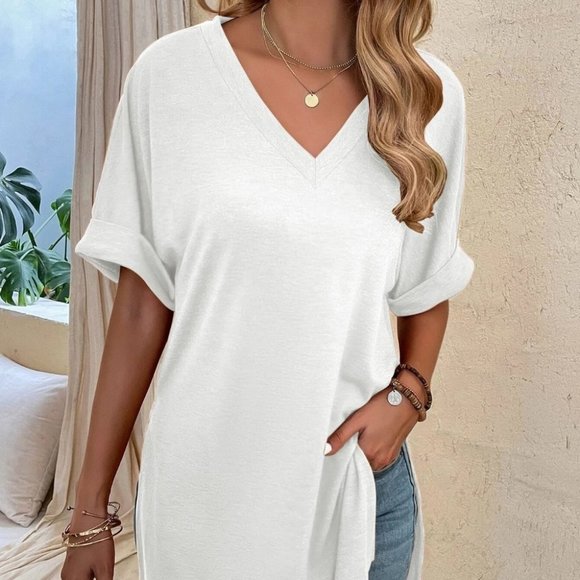 white Cozy Casual V-neck Side Slit Oversized Top - Picture 1 of 6